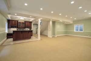 Basement in new construction home with bar